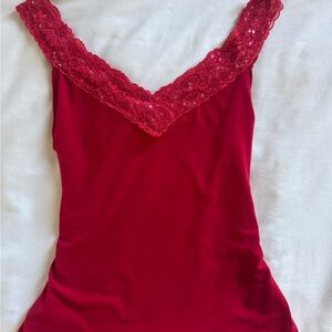 Elegant Red Lace Trim Tank Top